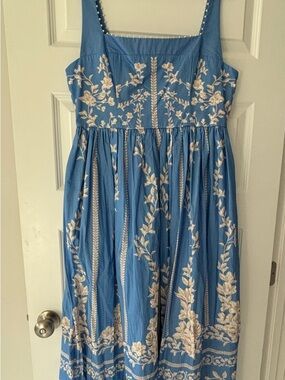 Agua by Agua Bendita Blue Maxi Dress with Cream Floral Embroidery